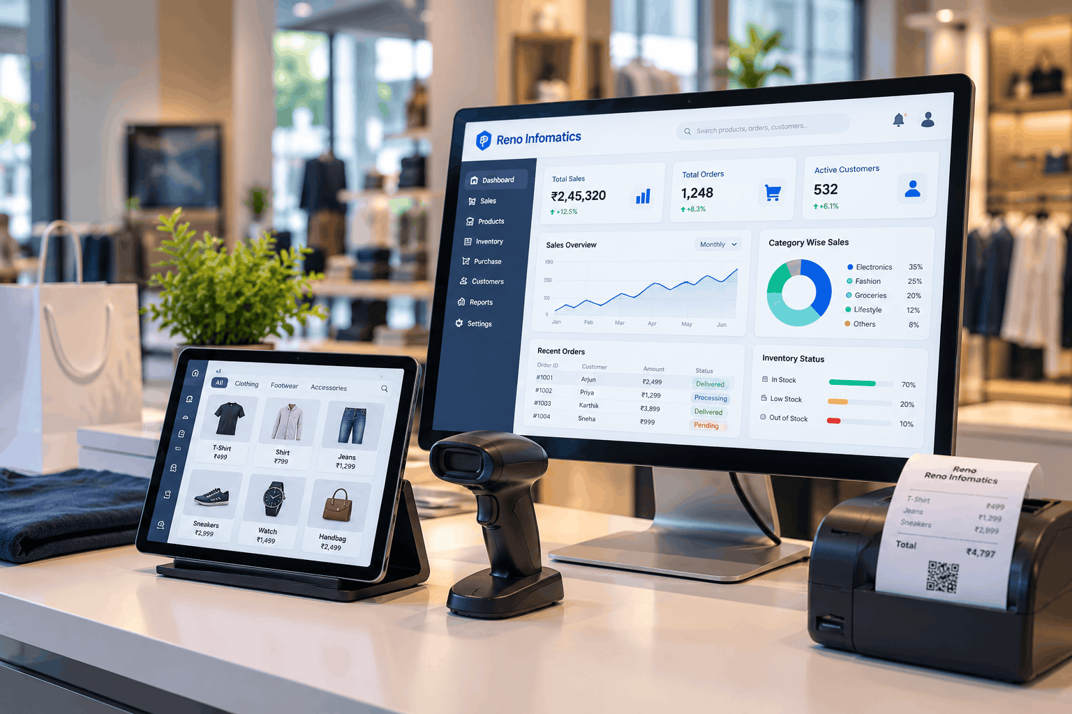 Reno ERP dashboard preview showing retail analytics