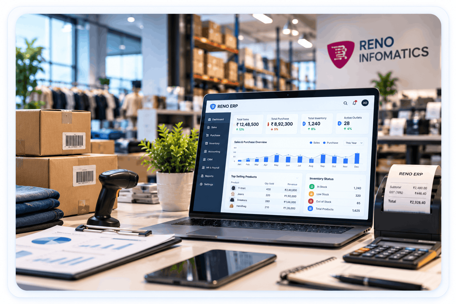 RENO ERP Retail Dashboard preview showing live sales analytics and stock monitoring
